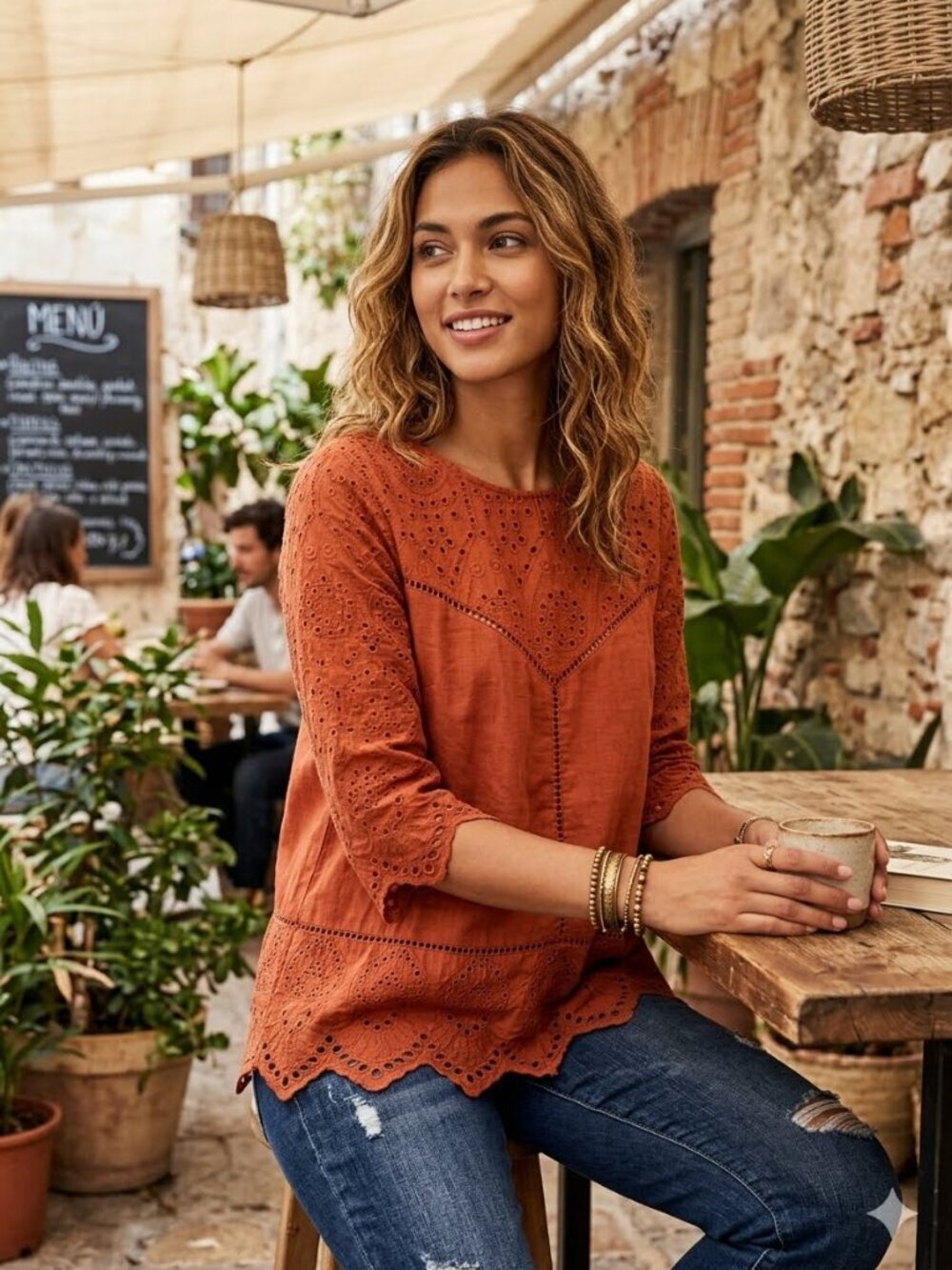 NAOO Nation AK Outiftters Women's S Terracotta Eyelet Embroidered Blouse Top
